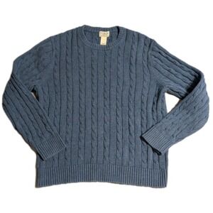 LL Bean Cable Knit Sweater Blue Cotton Fisherman Crewneck Mens Medium